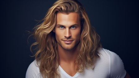 Elegant sexy smiling Caucasian blond man with blond and long hair with perfect skin, on a dark blue background, banner. Advertising of cosmetic products, spa treatments, shampoos and hair care, dentistry and medicine, perfumes and cosmetology for menの素材