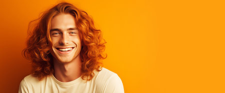 Handsome elegant sexy smiling Caucasian man with perfect skin and long red hair, on an orange background, banner, close-up. Advertising of cosmetic products, spa treatments, shampoos and hair care, dentistry and medicine, perfumes and cosmetology menの素材