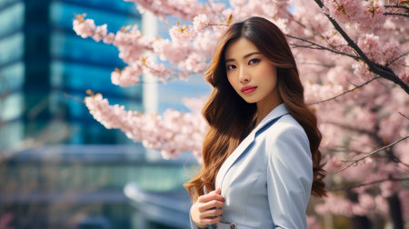 Modern happy young smiling Asian business woman against the backdrop of pink cherry blossoms and metropolis city. spring blossoms, happiness joy dreaming love, Mental health, psychological treatment concept, positive thinking, good thoughtsの素材
