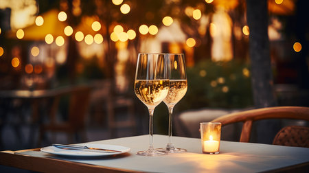 Dinner in a chic restaurant, on the terrace in the fresh air, by candlelight with a glass of champagne or wine, with beautiful glowing lights.の素材