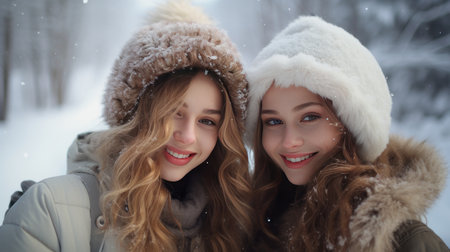Portrait of Young, beautiful, smiling and happy Caucasian girls girlfriends in jackets against the backdrop of a winter, snowy landscape. Concept of traveling around the world, recreation, vacations, tourism in the mountains and unusual places.の素材