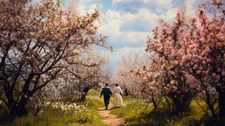 A couple in love, a man and a woman, walk near blooming spring trees. Businessman, spring blossoms, happiness joy dreaming love, Mental health, psychological treatment concept, positive thinking, good thoughtsの素材