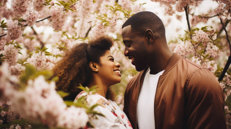 Portrait of an African couple in love, a man and a woman near blooming spring trees. Businessman, spring blossoms, happiness joy dreaming love, Mental health, psychological treatment concept, positive thinking, good thoughtsの素材