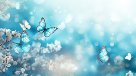 Abstract natural spring background with butterflies and light blue dark meadow flowers closeup. Colorful artistic image with soft focus and beautiful bokeh in summer springの素材