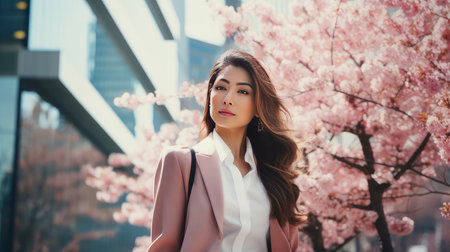 Modern happy young smiling Asian business woman against the backdrop of pink cherry blossoms and metropolis city. spring blossoms, happiness joy dreaming love, Mental health, psychological treatment concept, positive thinking, good thoughtsの素材