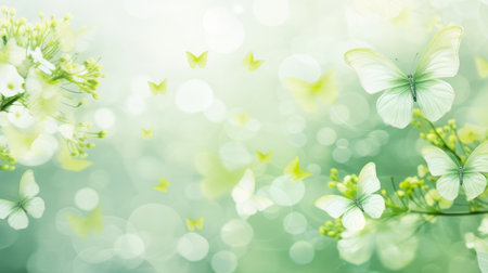 Abstract natural spring background with butterflies and light green meadow flowers close-up. Colorful artistic image with soft focus and beautiful bokeh in summer springの素材