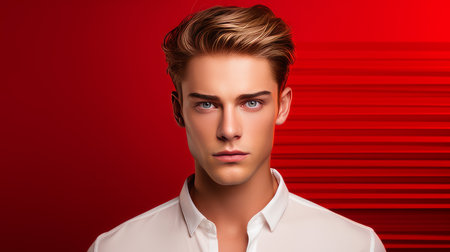 Portrait of a handsome elegant sexy Caucasian man with perfect skin, on a red background, banner. Advertising of cosmetic products, spa treatments, shampoos and hair care, dentistry and medicine, perfumes and cosmetology for men.の素材