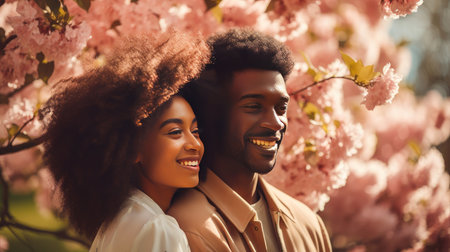 Portrait of an African couple in love, a man and a woman near blooming spring trees. Businessman, spring blossoms, happiness joy dreaming love, Mental health, psychological treatment concept, positive thinking, good thoughtsの素材