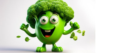 Green broccoli with a cheerful face 3D on a white background. Cartoon characters, three-dimensional character, healthy lifestyle, proper nutrition, diet, fresh vegetables and fruits, vegetarianism, veganism, food, breakfast, fun, laughter, bannerの素材