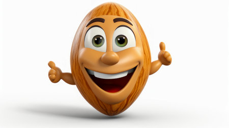 Almond with a cheerful face 3D on a white background. Cartoon characters, three-dimensional character, healthy lifestyle, proper nutrition, diet, fresh vegetables and fruits, vegetarianism, veganism, food, breakfast, fun, laughter, bannerの素材