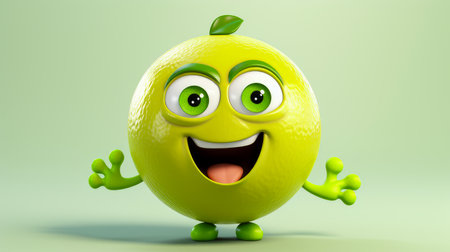 Lime with a cheerful face 3D on a white background. Cartoon characters, three-dimensional character, healthy lifestyle, proper nutrition, diet, fresh vegetables and fruits, vegetarianism, veganism, food, breakfast, fun, laughter, bannerの素材