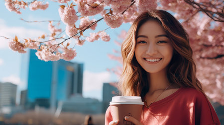 Modern happy young smiling Asian student with a mug of coffee against the backdrop of pink cherry blossoms and metropolis city. spring blossoms, happiness joy dreaming love, Mental health, psychological treatment, positive thinking, good thoughtsの素材
