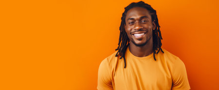 Portrait of an elegant sexy smiling African man with dark and perfect skin and long hair, on an orange background.の素材