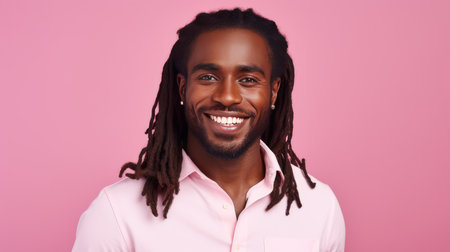 Portrait of an elegant sexy smiling African man with dark and perfect skin and long hair, on a pink background.の素材