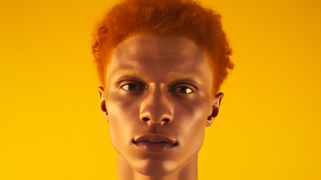 Portrait of an elegant sexy smiling African man with dark, perfect skin, red hair, on a yellow background.の素材