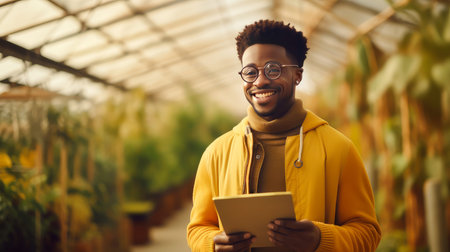 A dark-skinned African American man gadget, laptop, tablet planting and caring plants, seedlings, vegetables in a greenhouse. proper nutrition, healthy lifestyle, diet, veganism, vegetarianism. Gardening and horticulture, biology, greenhouse, farmingの素材