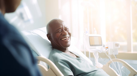 Male patient, elderly dark-skinned African American woman, in a modern, light-colored medical ward of a hospital with modern equipment, new technologies. Hospital, medicine, doctor and pharmaceutical company, healthcare and health insurance.の素材