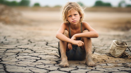 Poor, beggar, hungry dirty Caucasian child boy, asking for alms. Water shortage on Earth due to global warming, drought, famine. Climate change, crisis environment, water crisis. Saving natural resources, planet suffersの素材