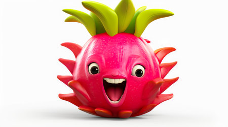 Pitahaya with a cheerful face 3D on a white background. Cartoon characters, three-dimensional character, healthy lifestyle, proper nutrition, diet, fresh vegetables and fruits, vegetarianism, veganism, food, breakfast, fun, laughter, bannerの素材