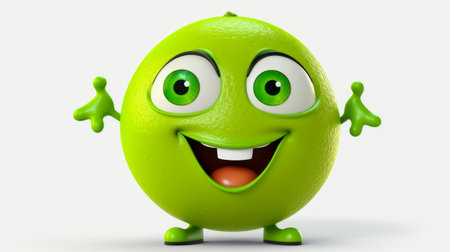 Lime with a cheerful face 3D on a white background. Cartoon characters, three-dimensional character, healthy lifestyle, proper nutrition, diet, fresh vegetables and fruits, vegetarianism, veganism, food, breakfast, fun, laughter, bannerの素材