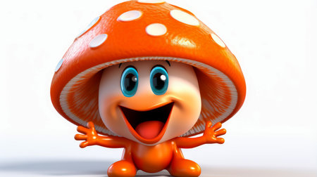 Mushroom with a cheerful face 3D on a white background. Cartoon characters, three-dimensional character, healthy lifestyle, proper nutrition, diet, fresh vegetables and fruits, vegetarianism, veganism, food, breakfast, fun, laughter, bannerの素材
