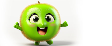 Kiwi fruit with a cheerful face 3D on a white background. Cartoon characters, three-dimensional character, healthy lifestyle, proper nutrition, diet, fresh vegetables and fruits, vegetarianism, veganism, food, breakfast, fun, laughter, bannerの素材
