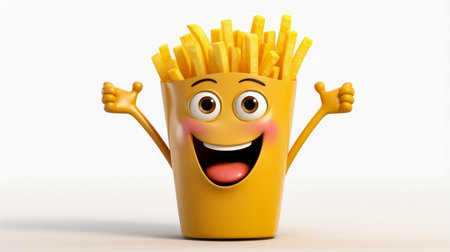 French fries with a cheerful face 3D on a white background. Cartoon characters, three-dimensional character, healthy lifestyle, proper nutrition, diet, fresh vegetables and fruits, vegetarianism, veganism, food, breakfast, fun, laughter, bannerの素材
