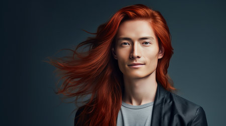 Handsome young male guy smile Asian with long red hair, on gray background, banner, copy space, portrait. Advertising of cosmetic products, spa treatments, shampoos and hair care products, dentistry and medicine, perfumes and cosmetology for menの素材