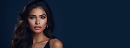 Beautiful, elegant, sexy Latino, Spain woman with perfect skin, on a dark blue background, banner.の素材