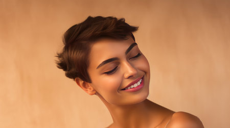 Beautiful, elegant, sexy Latino, Spain with short haircut woman with perfect skin, beige background, banner.の素材