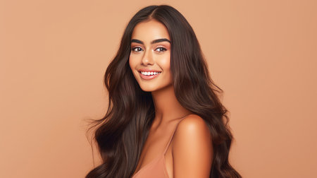 Beautiful, elegant, sexy Latino, Spain woman with long hair with perfect skin, creamy beige background, banner.の素材