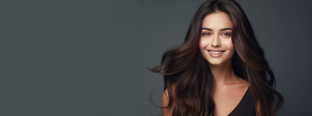 Beautiful, elegant, sexy Latino, Spain woman with long hair with perfect skin, gray background, banner.の素材