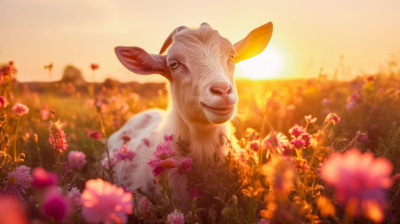 Cute goat in a field with flowers in nature, in the sun's rays. Environmental protection, the problem of ocean and nature pollution. Advertising for a travel agency, pet store, veterinary clinic, phone screensaver, beautiful pictures, puzzlesの素材