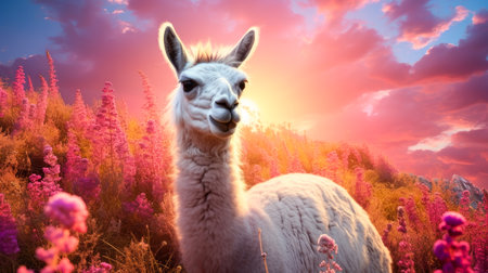 Cute, beautiful llama in a field with flowers in nature, in sunny pink rays. Environmental protection, the problem of ocean and nature pollution. Advertising travel agency, pet store, veterinary clinic, phone screensaver, beautiful pictures, puzzlesの素材