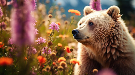Cute, beautiful bear in a field with flowers in nature, in sunny pink rays. Environmental protection, nature pollution problem, wild animals. Advertising for a travel agency, pet store, veterinary clinic, phone screensaver, beautiful pictures, puzzleの素材