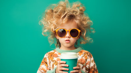 Portrait of a curly girl with a paper glass of coffee on a green background in watercolor style. Cheerful daring modern child in fashionable sunglasses.の素材