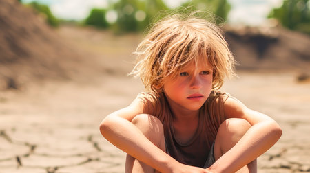 A poor, beggar, hungry, dirty Caucasian child boy, sitting on the ground cracked by drought. Water shortage on Earth due to global warming, drought, famine. Climate change, crisis environment, water crisis. Saving natural resources, planet suffersの素材