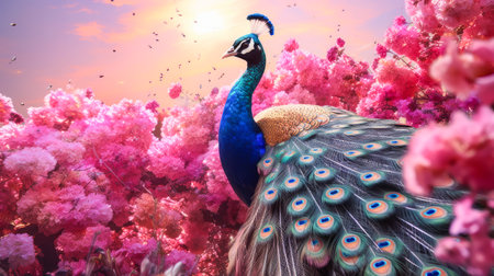 Cute, beautiful peacock in a field with flowers in nature, in sunny pink rays. Environmental protection, nature pollution problem, wild animals. Advertising travel agency, pet store, veterinary clinic, phone screensaver, beautiful pictures, puzzlesの素材