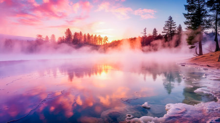 At dawn, fog over a lake in the mountains. Beautiful landscape, picture, phone screensaver, copy space, advertising, travel agency, tourism, solitude with nature, without peopleの素材