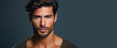 Portrait of an elegant sexy handsome serious Latino man with perfect skin, on a dark blue background. Advertising of cosmetic products, spa treatments shampoos and hair care products, dentistry and medicine, perfumes and cosmetology for menの素材