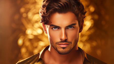 Portrait of an elegant sexy handsome serious Latino man with perfect skin, on a golden background. Advertising of cosmetic products, spa treatments shampoos and hair care products, dentistry and medicine, perfumes and cosmetology for menの素材