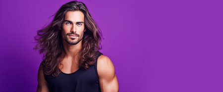 Portrait of an elegant sexy smiling Latino man with perfect skin and long hair, on a purple background. Advertising of cosmetic products, spa treatments shampoos and hair care products, dentistry and medicine, perfumes and cosmetology for menの素材