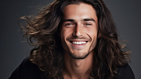 Portrait of an elegant sexy smiling Latino man with perfect skin and long hair, on a gray background. Advertising of cosmetic products, spa treatments shampoos and hair care products, dentistry and medicine, perfumes and cosmetology for menの素材
