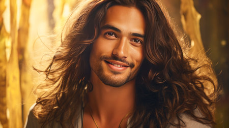 Portrait of an elegant sexy smiling Latino man with perfect skin and long hair, on a golden background. Advertising of cosmetic products, spa treatments shampoos and hair care products, dentistry and medicine, perfumes and cosmetology for menの素材