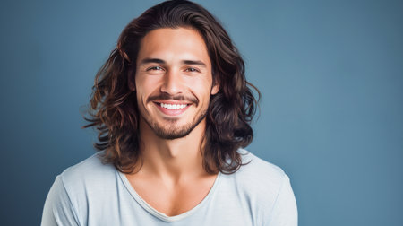 Portrait of an elegant sexy smiling Latino man with perfect skin and long hair, on a light blue background. Advertising of cosmetic products, spa treatments shampoos and hair care products, dentistry and medicine, perfumes and cosmetology for menの素材