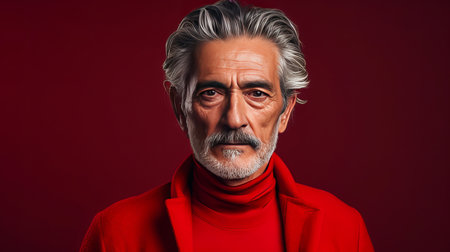 Handsome elderly elegant latino with gray hair, on creamy beige background, banner, active aging. Advertising of cosmetic products, spa treatments, shampoos and hair care products, dentistry and medicine, perfumes and cosmetology for older men.の素材