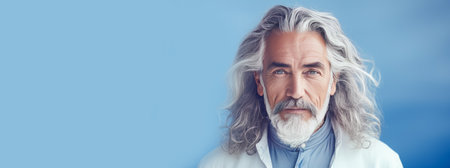 Handsome elderly Latino with long gray hair, on a light blue background, banner. Advertising of cosmetic products, spa treatments, shampoos and hair care products, dentistry and medicine, perfumes and cosmetology for older men.の素材