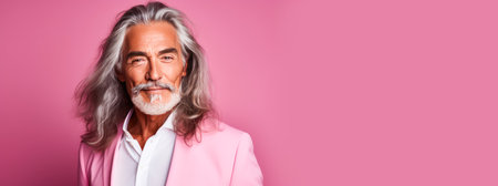 Handsome elderly Latino with long gray hair, on a pink background, banner. Advertising of cosmetic products, spa treatments, shampoos and hair care products, dentistry and medicine, perfumes and cosmetology for older men.の素材