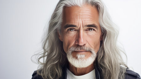 Handsome elderly Latino with long gray hair, on a white background, banner. Advertising of cosmetic products, spa treatments, shampoos and hair care products, dentistry and medicine, perfumes and cosmetology for older men.の素材
