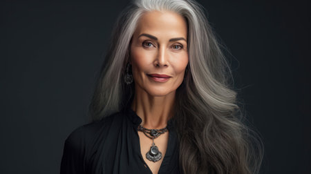 Elegant, elderly, chic latino, Spain woman with gray long hair and perfect skin, silver background, banner. Advertising of cosmetic products, spa treatments, shampoos and hair care products, dentistry and medicine, perfumes and cosmetology for womenの素材
